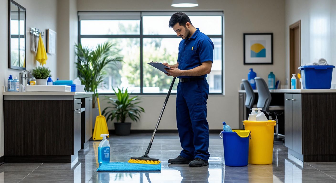 A Turkish office worker in a blue uniform carefully inspects a sparkling clean desk with a clipboard in hand, surrounded by neatly arranged cleaning supplies like a mop, bucket, and spray bottles.