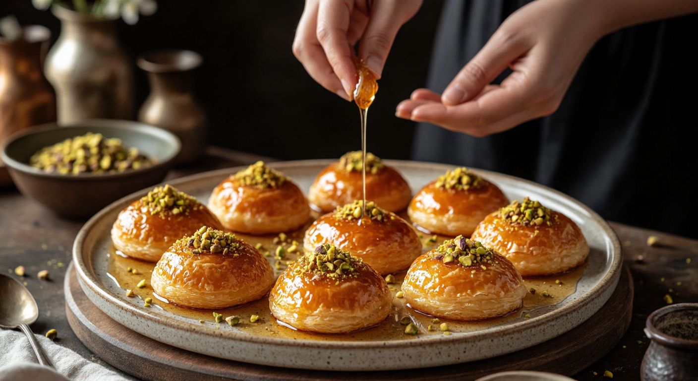 A warm Turkish kitchen with golden-brown *hanımeli tatlısı* pastries arranged on a ceramic tray, drizzled with syrup and garnished with crushed pistachios, while a pair of hands kneads dough nearby.