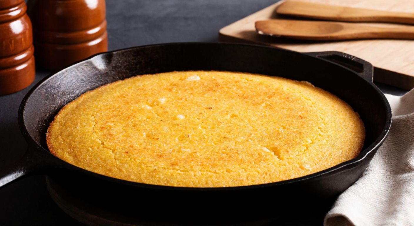 A rustic cast-iron skillet sizzling with golden cornbread, its edges crisp and surface glistening with a light sheen of oil, set against a warm Turkish kitchen backdrop with wooden utensils nearby.