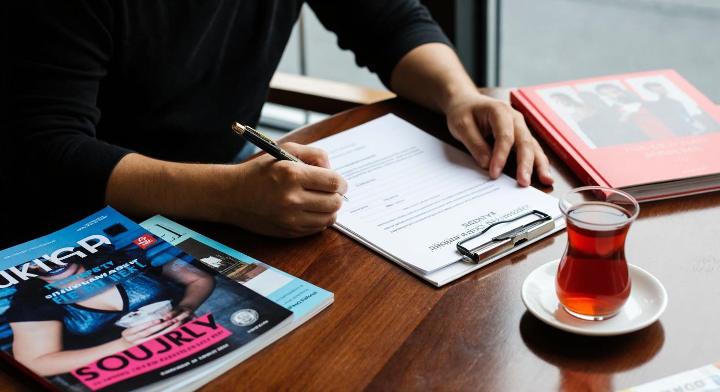 A person in Turkey sits at a wooden table, carefully filling out a subscription form with a pen, surrounded by colorful magazines and a steaming cup of Turkish tea.