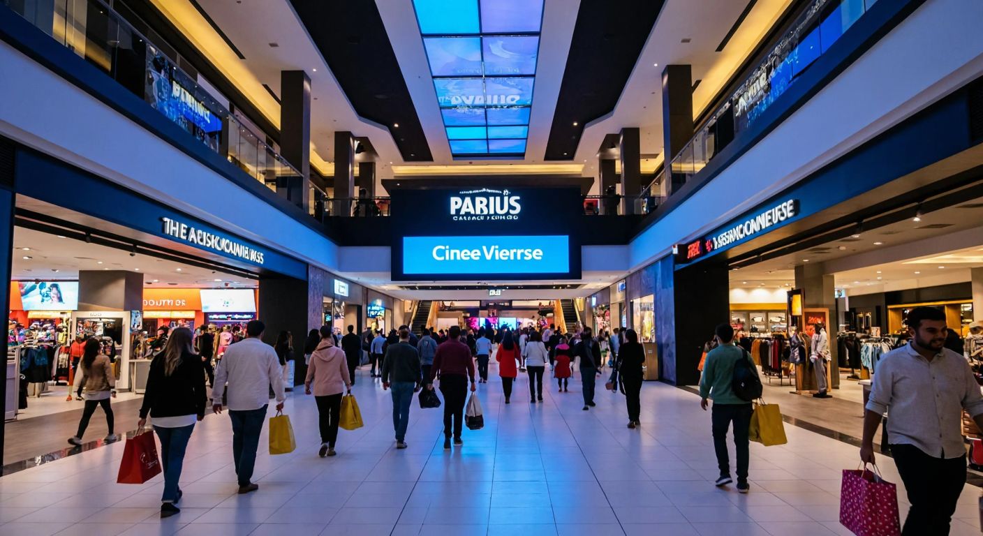 A bustling modern shopping mall interior in Istanbul, with a sleek cinema entrance labeled "Paribu Cineverse" on the second floor, surrounded by shoppers carrying colorful bags and a vibrant atmosphere.  

*(Note: The description includes a label for clarity, but if strictly avoiding all text, it could be rephrased as: "A sleek cinema entrance under bright lights in a crowded Istanbul shopping mall, with excited visitors nearby.")*
