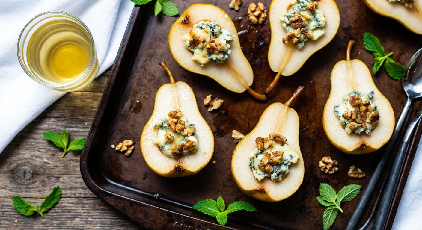 A rustic wooden table holds halved caramelized pears topped with melting Gorgonzola cheese, drizzled with golden honey and sprinkled with crushed walnuts, surrounded by fresh mint leaves and a glass of white wine.