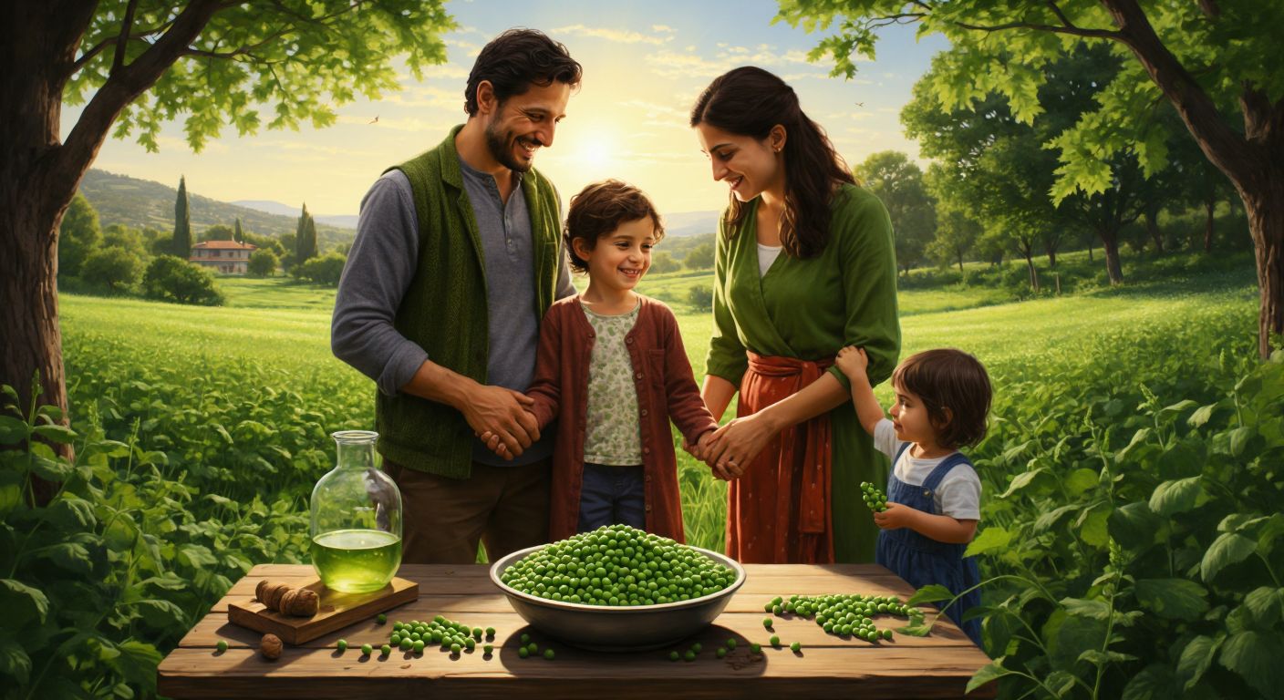 A Turkish family with varying eye and hair colors stands in a sunlit field, holding hands and smiling, while a bowl of green peas and a magnifying glass over a DNA strand rest on a wooden table beside them.