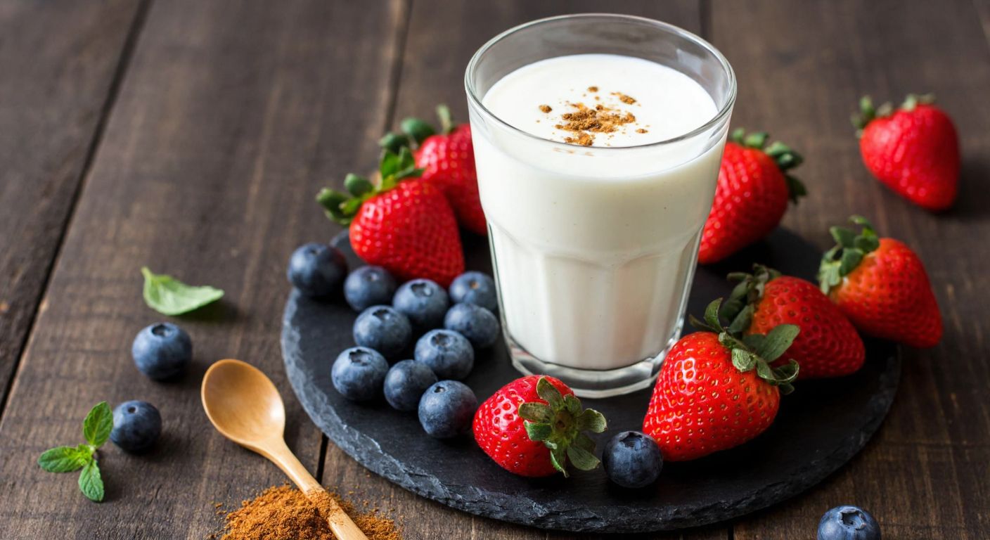 A glass of creamy kefir surrounded by fresh strawberries, blueberries, a drizzle of honey, and a sprinkle of cinnamon on a rustic wooden table in a Turkish kitchen.
