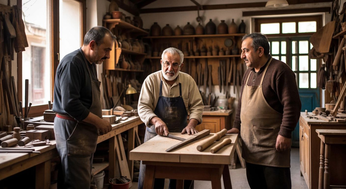 A warm Ankara workshop with aged wooden tools, where an elderly craftsman (Nurettin Usta) carves furniture, while two younger men (Renan and Güran Gökyay) discuss modern designs nearby.