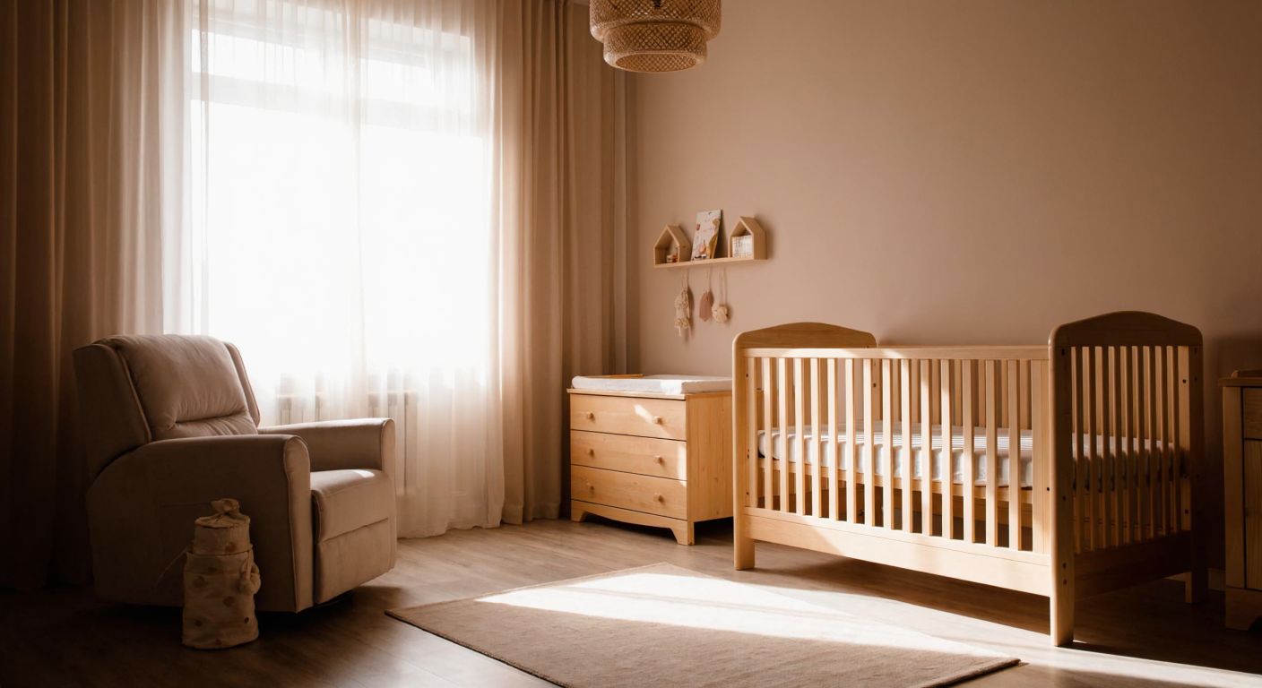 A cozy pastel-colored nursery with a sturdy wooden crib and matching furniture set, bathed in warm sunlight filtering through sheer curtains, evoking a sense of safety and comfort.