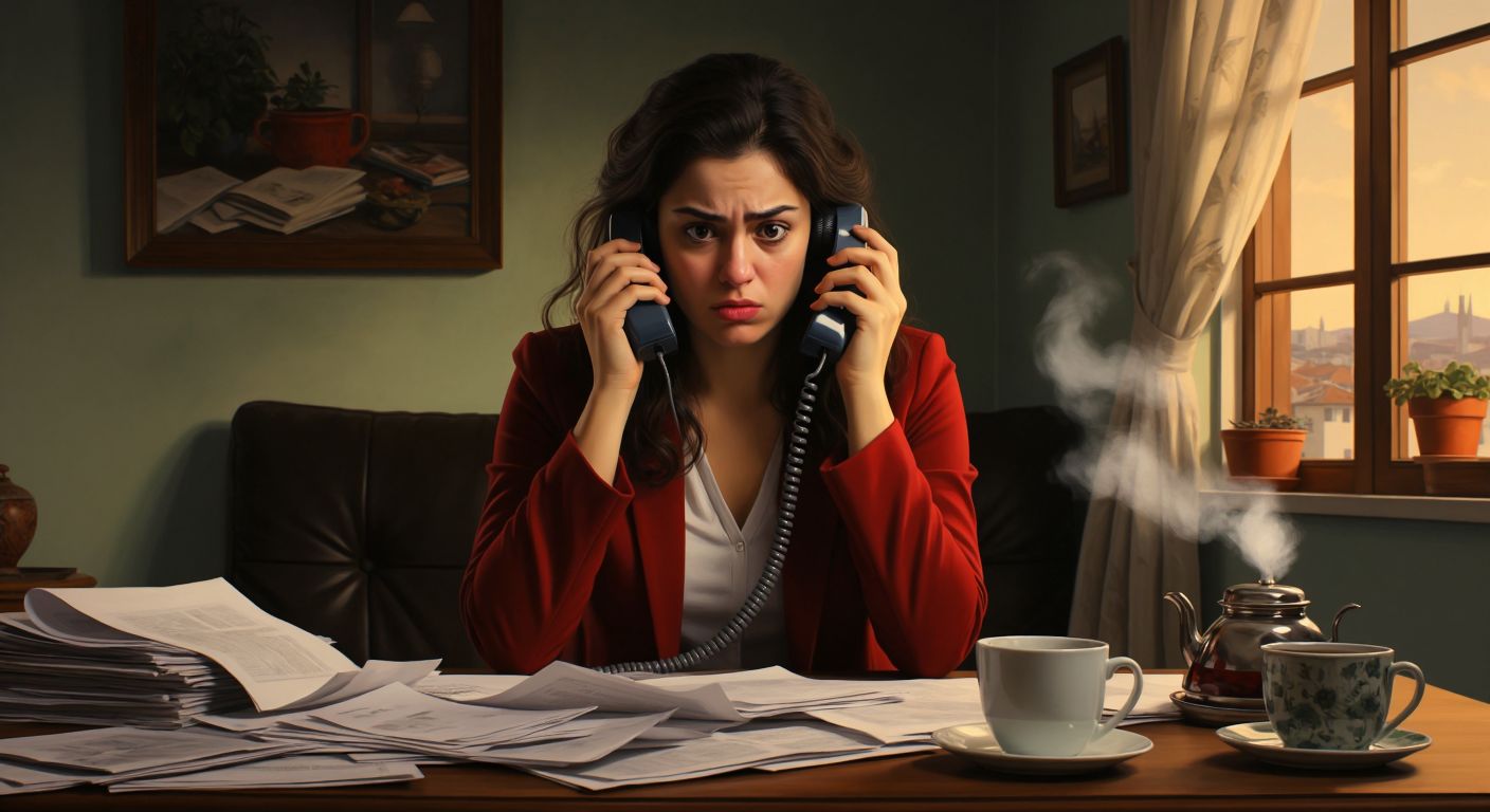 A concerned Turkish woman in a cozy home setting holds a ringing phone with a suspicious expression, surrounded by scattered papers and a steaming cup of çay.