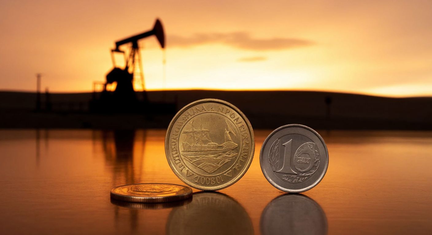A golden Kuwaiti dinar coin rests on a polished wooden table beside a small Turkish lira coin, with an oil derrick silhouette in the distant desert sunset.