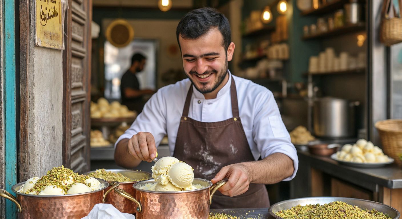 A smiling Turkish vendor in a traditional apron scoops creamy, golden kaymaklı dondurma from a copper pot into a crisp waffle cone, with pistachio crumbs sprinkled on top.
