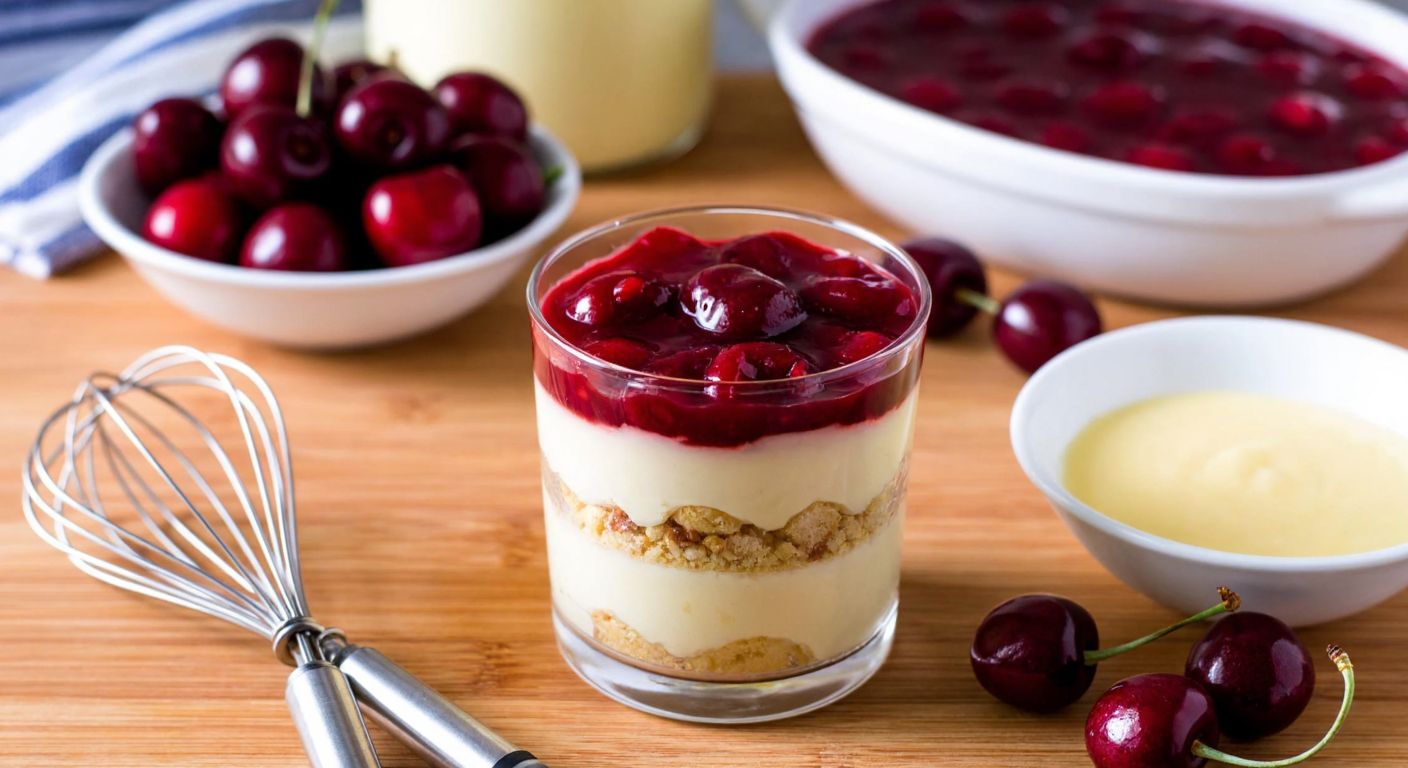 A warm Turkish kitchen with a wooden countertop displaying a glass cup of creamy magnolia pudding layered with crushed biscuits and topped with glossy cherry sauce, surrounded by fresh cherries, a whisk, and a bowl of vanilla-scented custard.