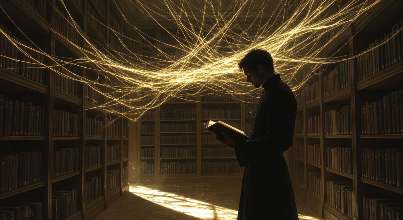 A shadowy figure stands in a dimly lit library, one hand gripping a book while the other gestures toward an intricate web of glowing threads stretching across the room, symbolizing power and discourse.