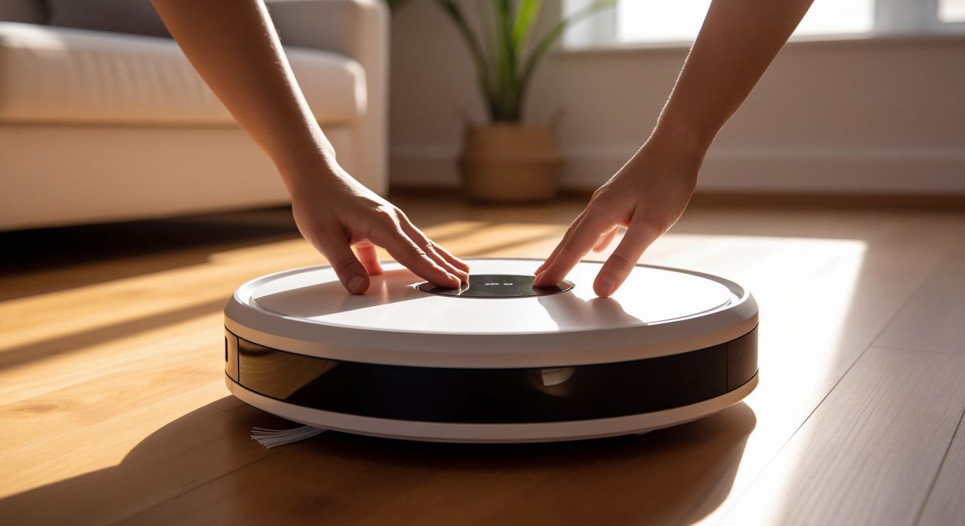 A close-up of a person’s hands gently wiping the circular lidar sensor of a robot vacuum with a soft microfiber cloth on a wooden floor in a sunlit Turkish living room.