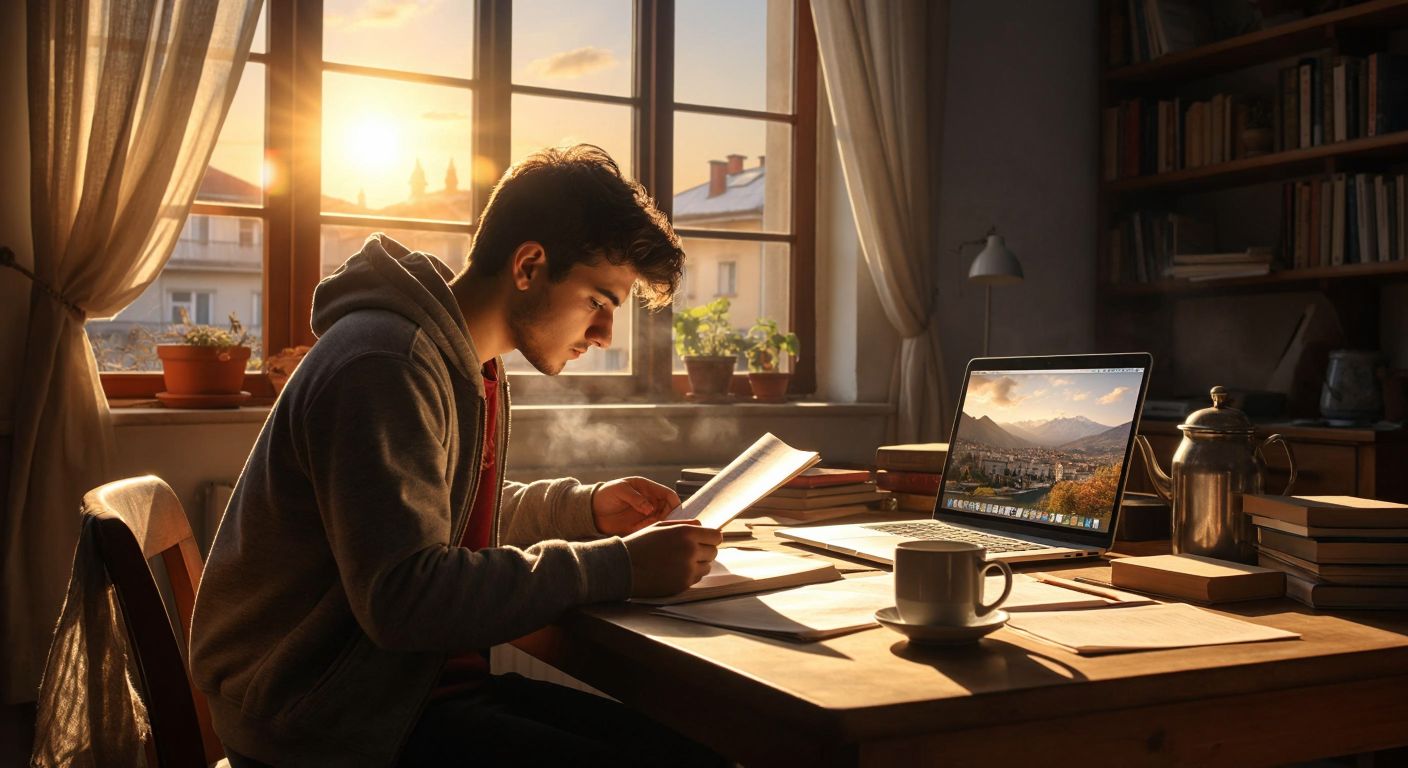 A young Turkish student sits at a wooden desk, intently studying a TYT Türkçe practice book from ENS Yayınları, with a laptop open nearby showing a paused video solution, while sunlight streams through a window onto scattered papers and a steaming cup of çay.