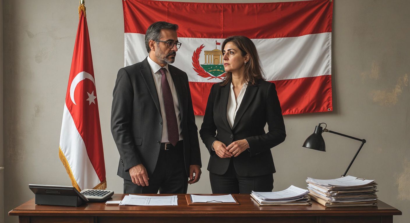 A middle-aged man and woman in formal attire stand beside a desk with paperwork, looking thoughtfully at a calculator and a calendar, while a northern Cyprus flag subtly hangs in the background.