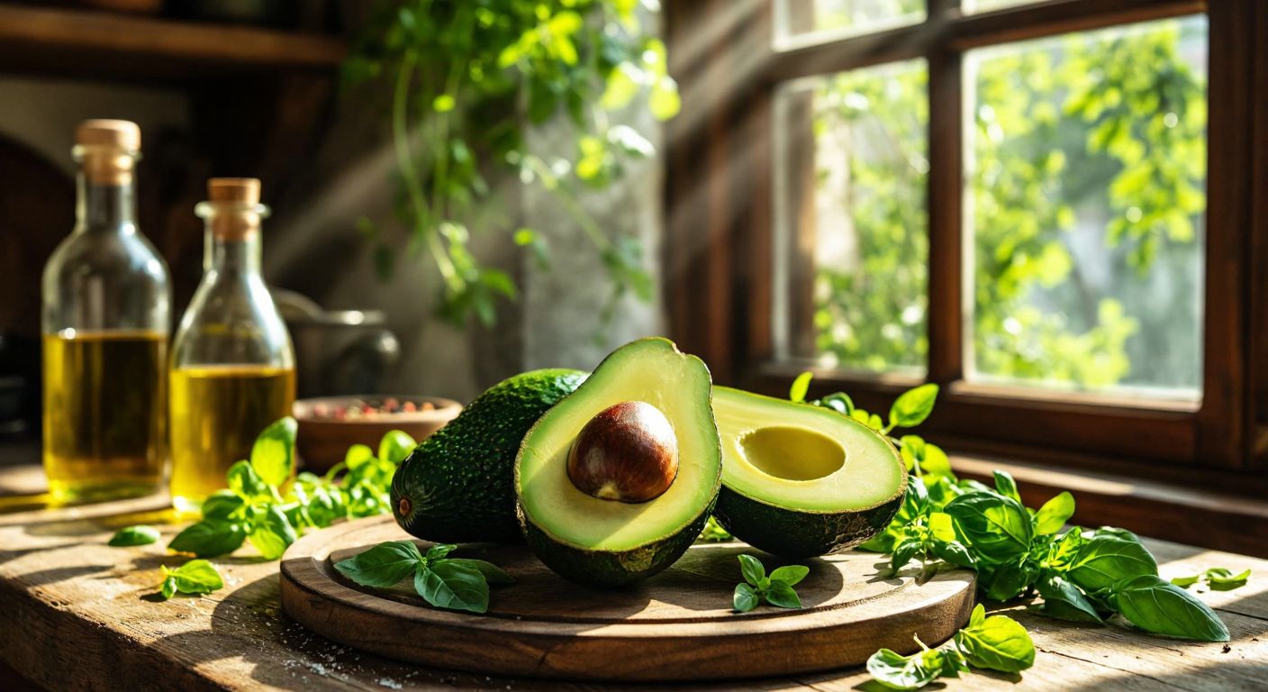 A vibrant green avocado sliced open on a rustic wooden table in a Turkish kitchen, surrounded by fresh herbs and olive oil, with warm sunlight streaming through a window.