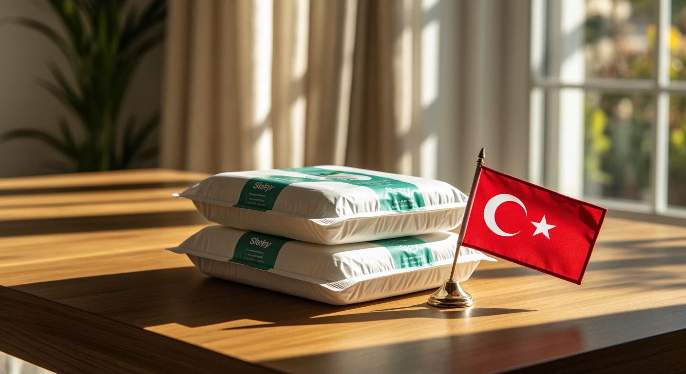 A neatly stacked pile of Sleepy brand wet wipes on a wooden table in a sunlit Turkish home, with a small Turkish flag pin resting beside them.