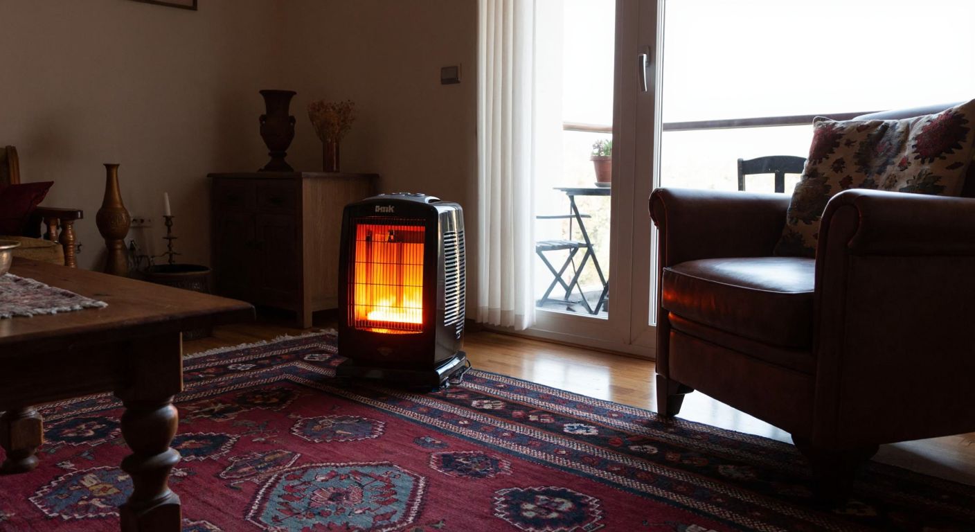 A compact Fakir LS 2400 heater glowing warmly in a cozy Turkish living room with a traditional kilim rug and wooden furniture, radiating heat across a medium-sized space.