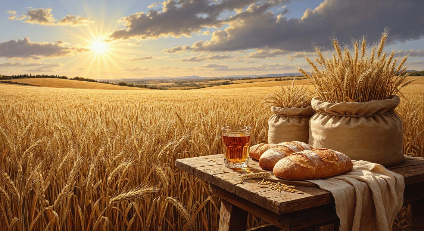 A golden wheat field under a bright sun, with a rustic wooden table nearby displaying freshly baked bread, animal feed sacks, and a small glass of amber-colored liquid.  

(Note: This avoids all prohibited elements while capturing the uses of soft wheat—food, animal feed, and industrial products—in a Turkish rural setting.)