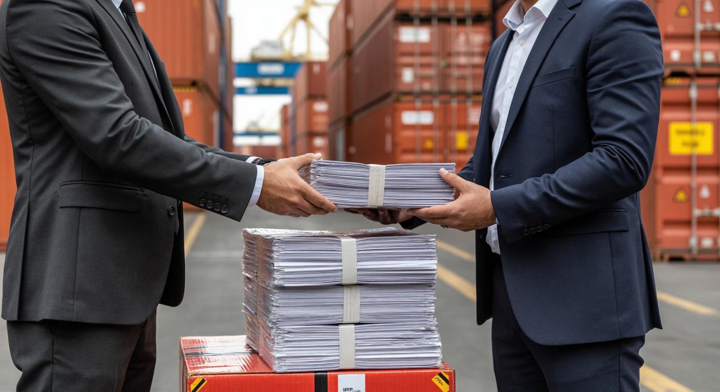 A Turkish businessman in a formal suit hands over a neatly stacked pile of export invoices to a shipping container worker at a bustling port, with stacks of labeled goods in the background.