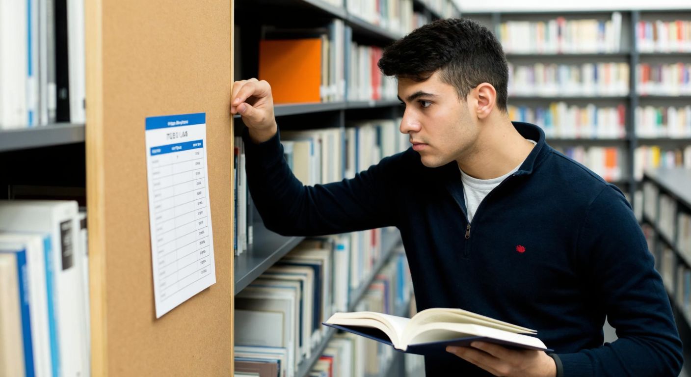 A focused Turkish university student in a library, surrounded by books and papers, with a determined expression while checking a grade chart pinned to a corkboard.