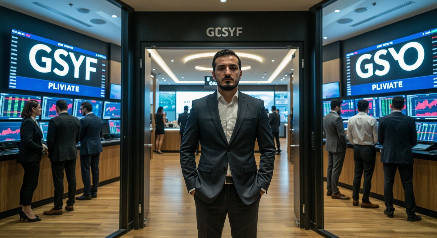 A confident Turkish businessman in a sleek suit stands between two doors—one labeled "GSYF" (private, dimly lit with a few suited investors inside) and the other "GSYO" (bright, bustling with diverse people trading stocks on a visible exchange floor).