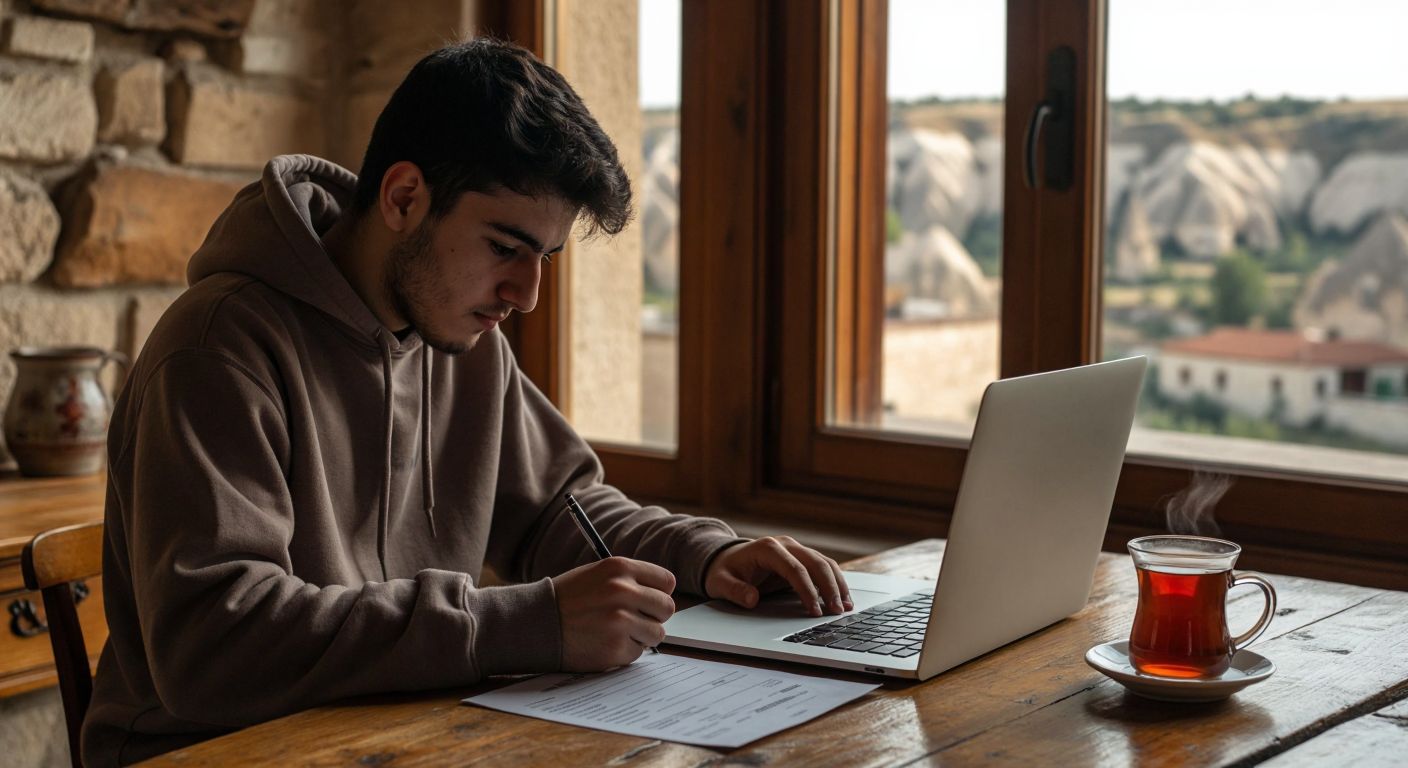 A young Turkish student in a university sweatshirt sits at a wooden desk in Cappadocia, carefully filling out a form on a laptop while a printed bank receipt and a steaming cup of çay rest beside them.