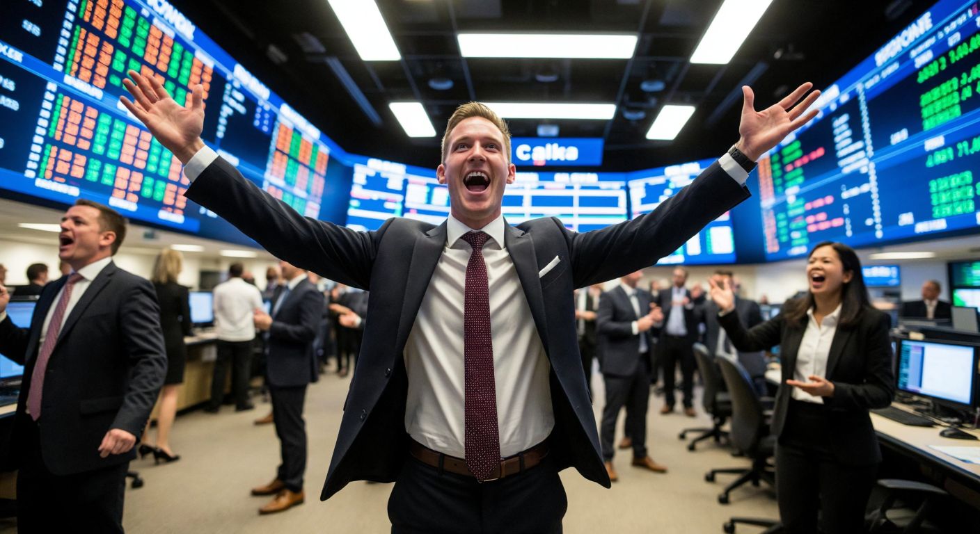 A bustling trading floor in New Zealand with traders in suits gesturing excitedly, while digital stock tickers (without text) glow in the background, reflecting the energy of financial markets.