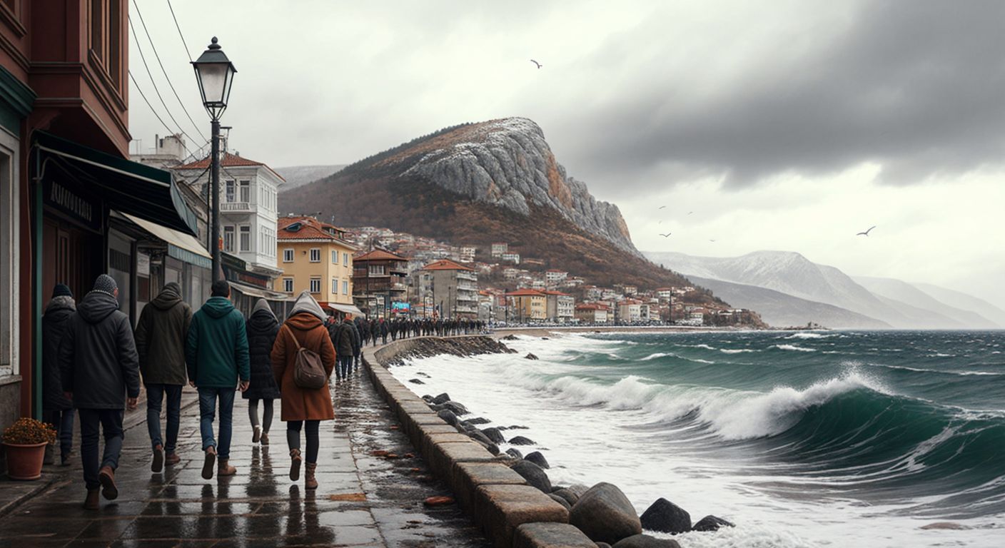 A windswept coastal town in Turkey with gray skies, choppy waves, and people bundled in warm coats walking along a chilly waterfront, framed by rugged hills in the distance.