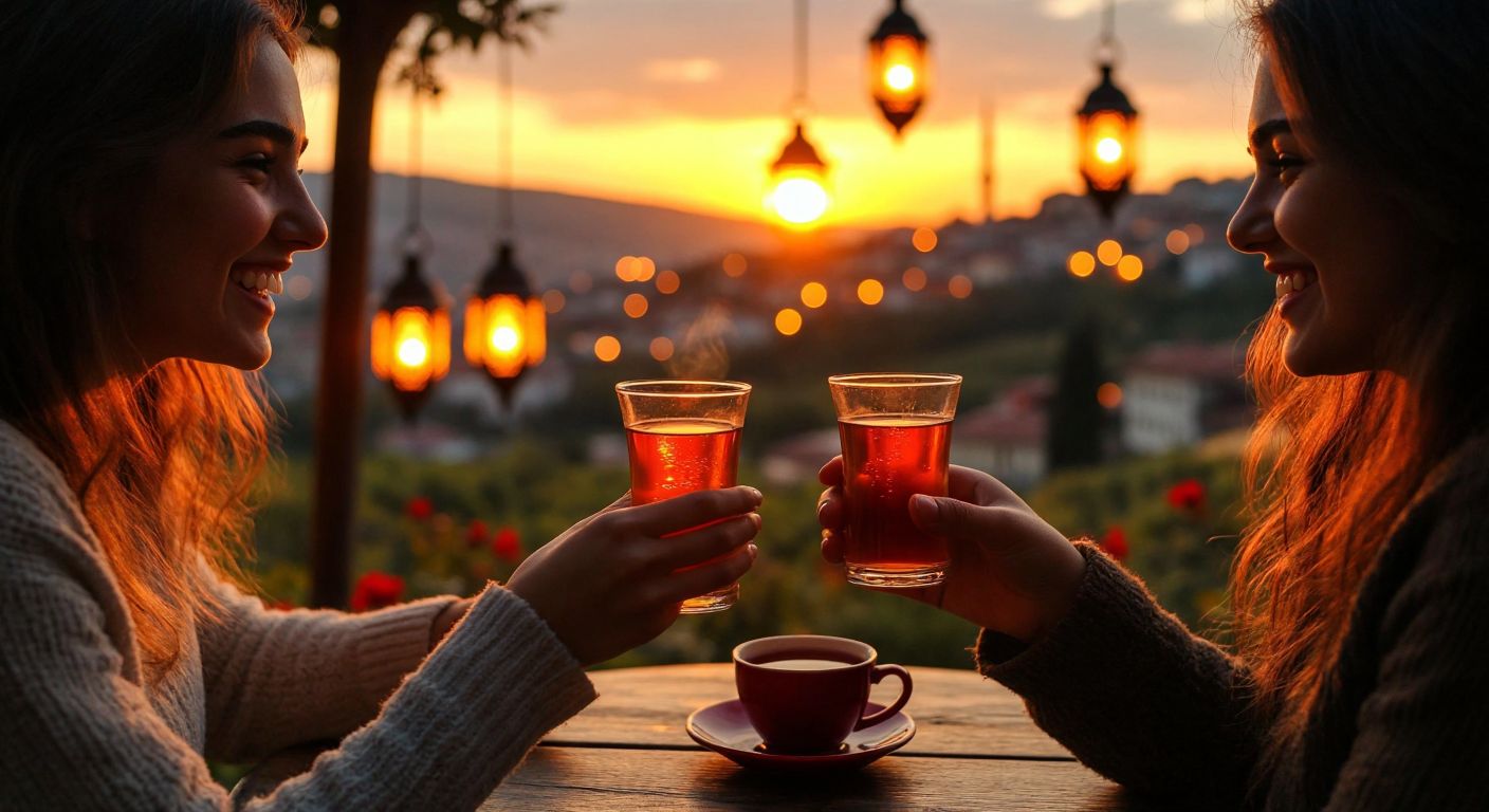 A warm sunset over a Turkish tea garden, where two friends smile while clinking tulip-shaped glasses, surrounded by the golden glow of lanterns and the aroma of freshly brewed çay.