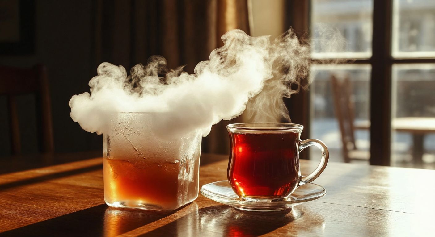 A frozen chunk of dry ice (sublimation) releasing white mist beside a steaming cup of Turkish tea (evaporation) on a wooden table, with warm sunlight filtering through a window.