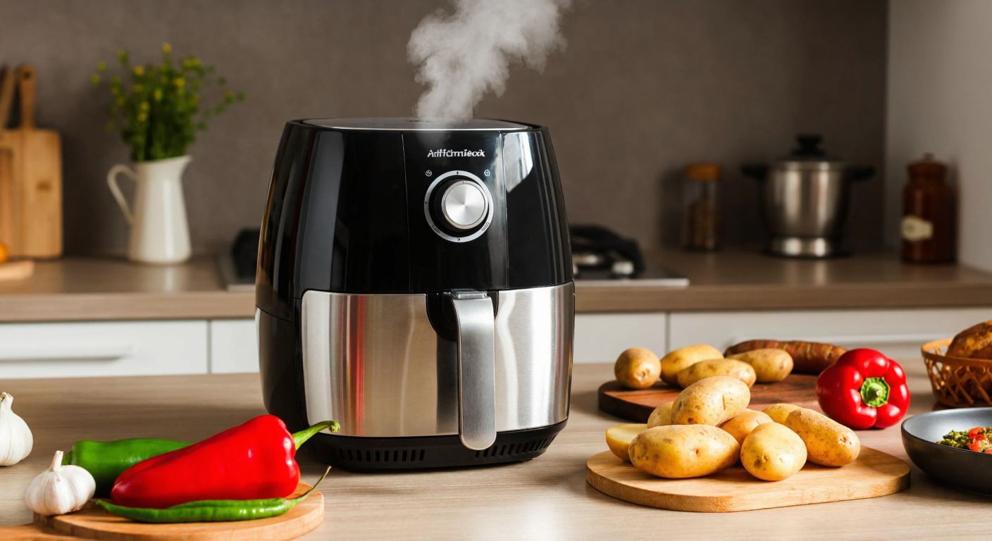 A modern stainless steel air fryer sits on a kitchen counter in a cozy Turkish home, surrounded by fresh ingredients like peppers and potatoes, with steam rising as it cooks a meal for a small family.
