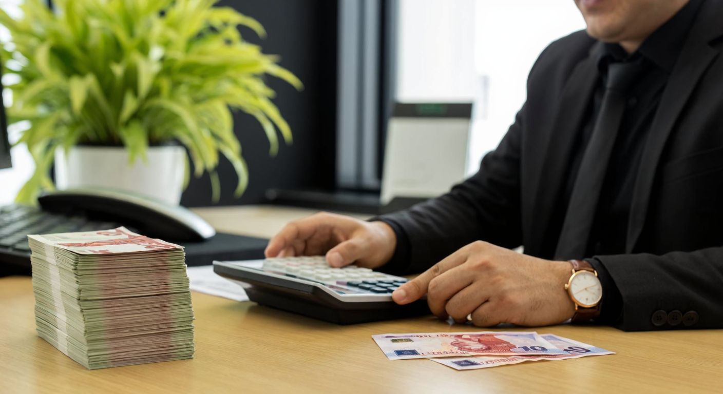 A Turkish accountant in a modern office carefully reviews a credit card statement with a calculator, while a stack of Turkish lira banknotes and a credit card sit on the desk beside them.