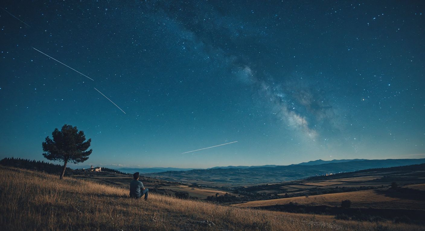 A vast, starless night sky stretches over a quiet Turkish countryside, with faint streaks of distant starlight barely piercing the dark expanse, while a lone observer gazes upward in contemplation.