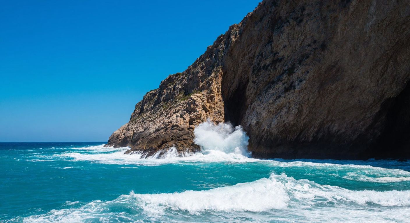A rugged coastal cliff with crashing turquoise waves at its base, under a bright blue sky, symbolizing the natural formation of a falez (yalıyar) in Turkey.