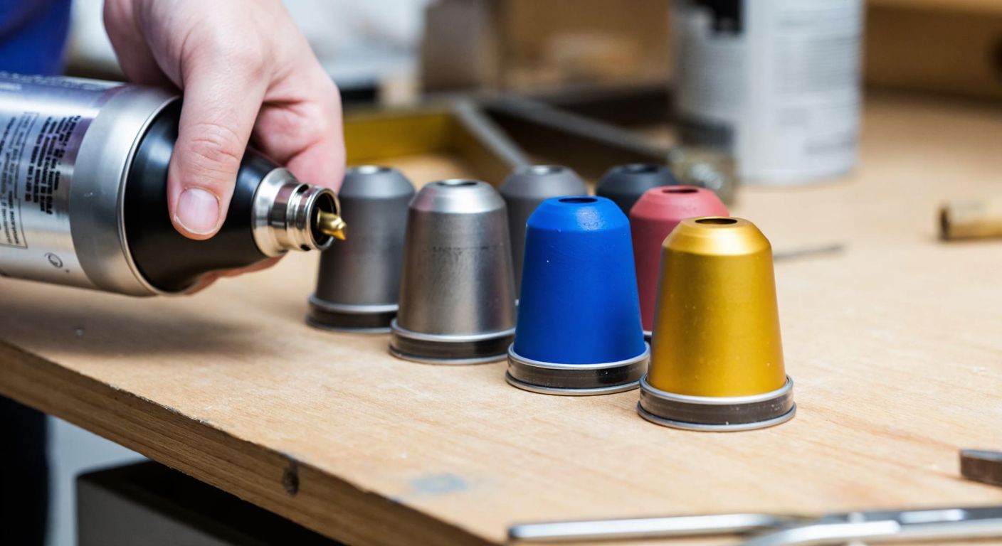 A close-up of a hand holding a spray paint can with various nozzle sizes laid out on a wooden workbench, each nozzle casting a fine mist of vibrant paint onto a textured surface.