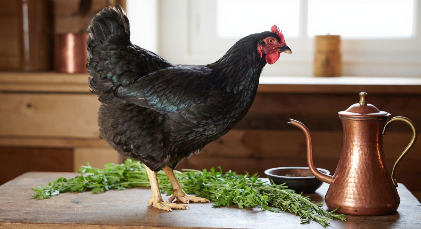 A plump, dark-feathered Trabzon gugullu chicken standing on a wooden farm table in a rustic kitchen, with a traditional Turkish copper scale nearby and fresh herbs scattered around.