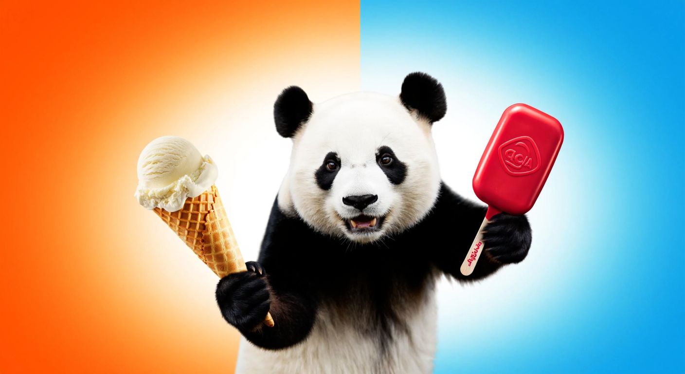 A vibrant split-image with a playful panda holding a cone of Turkish-style dondurma on one side, and a sleek British-style ice cream bar with the Algida logo (implied but not shown) on the other, against contrasting warm and cool backgrounds.