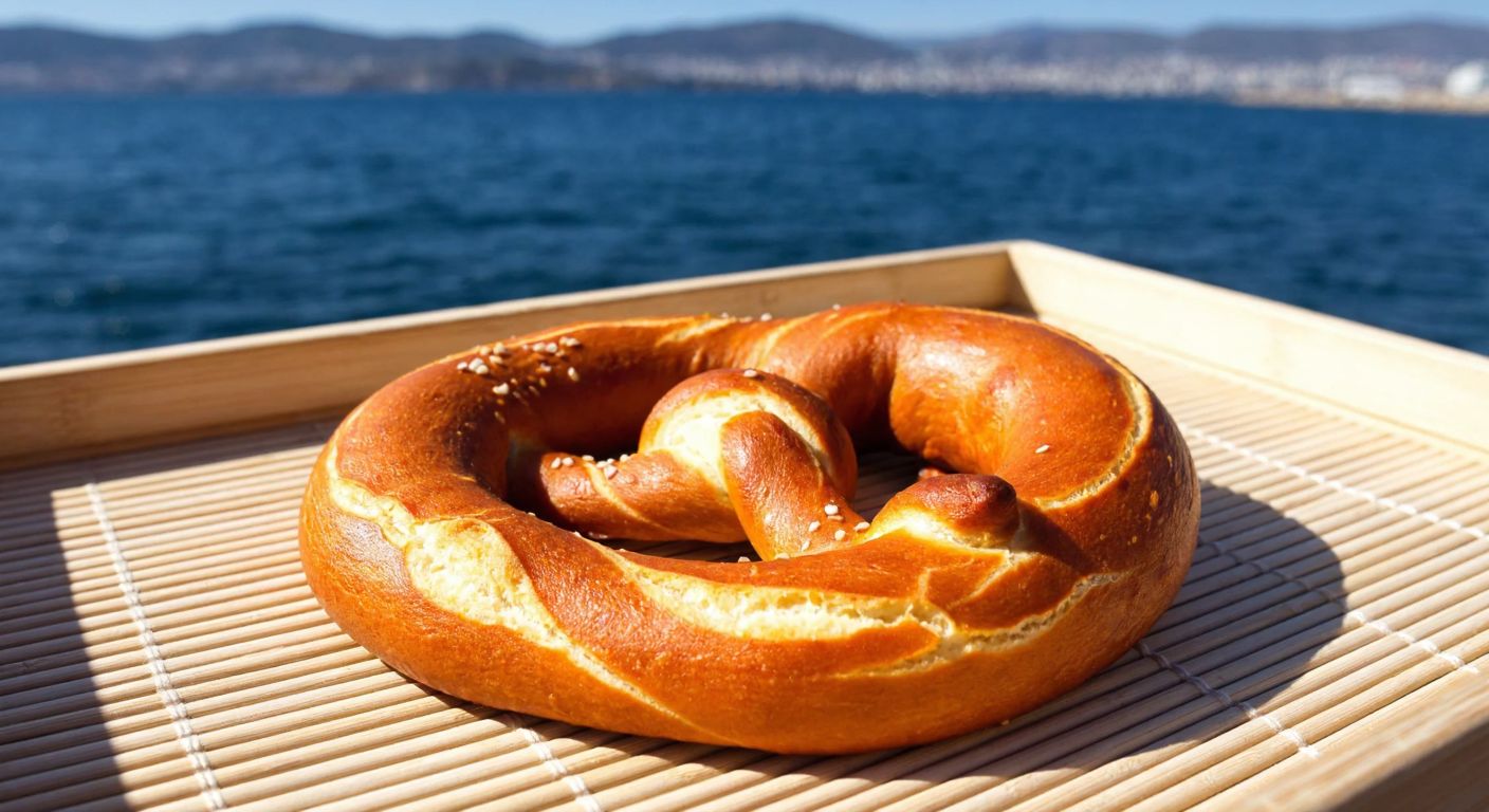 A golden-brown, twisted salty pretzel resting on a woven reed tray, with the sunlit Aegean coastline of İzmir in the background.