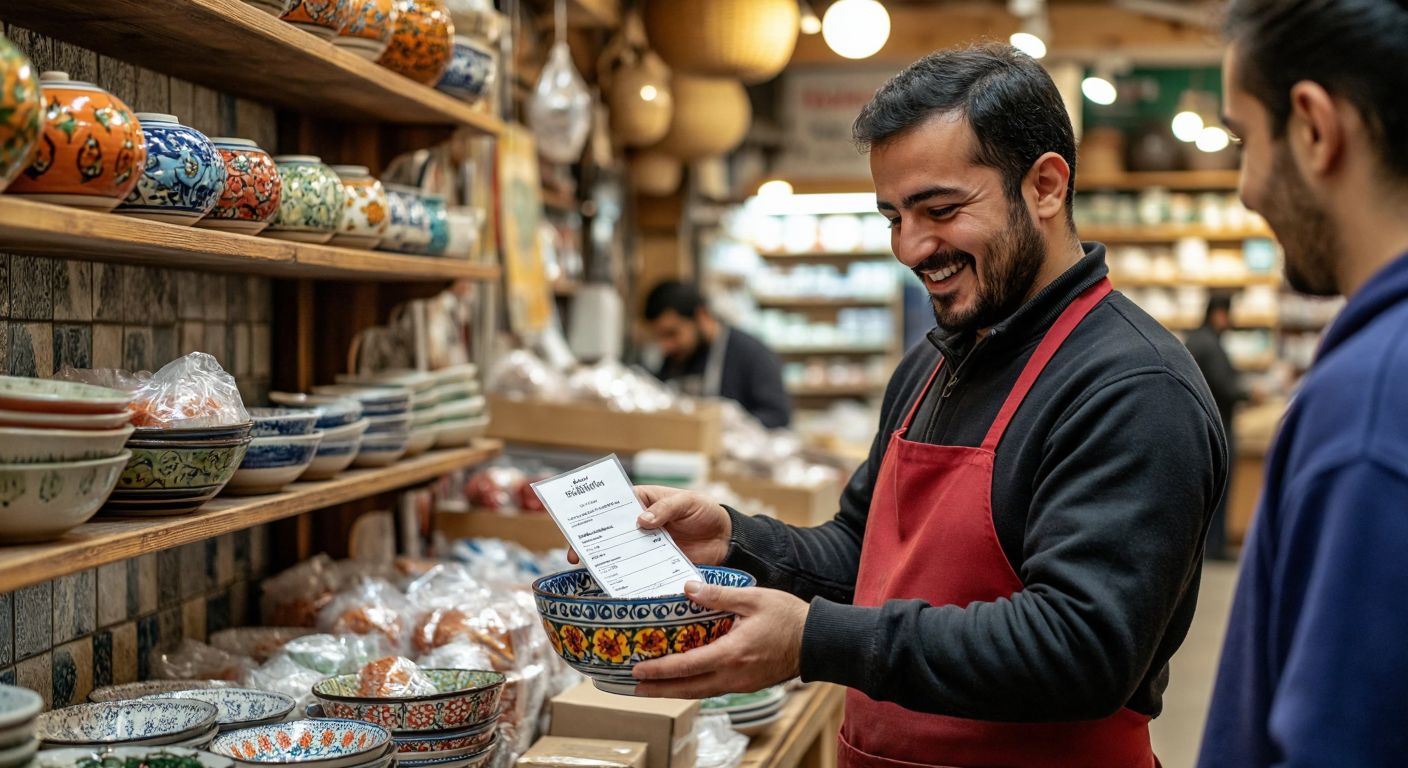 A determined Turkish shopkeeper in a bustling marketplace carefully packaging a colorful ceramic bowl with protective wrapping, while checking inventory on a wooden shelf and warmly smiling at a customer holding a receipt.