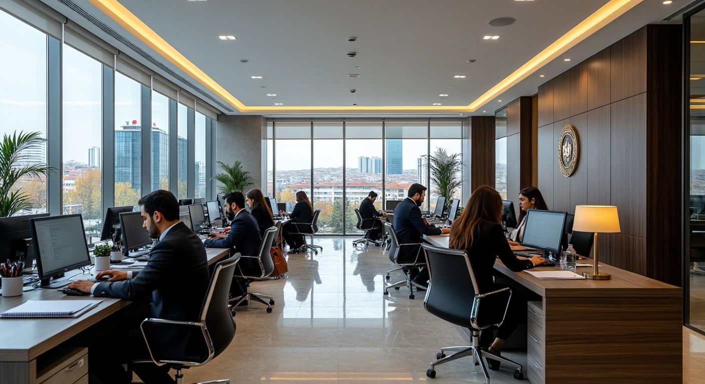 A modern government office in Ankara with officials working on computers next to a sleek corporate office in Istanbul, both bustling with focused professionals in business attire.