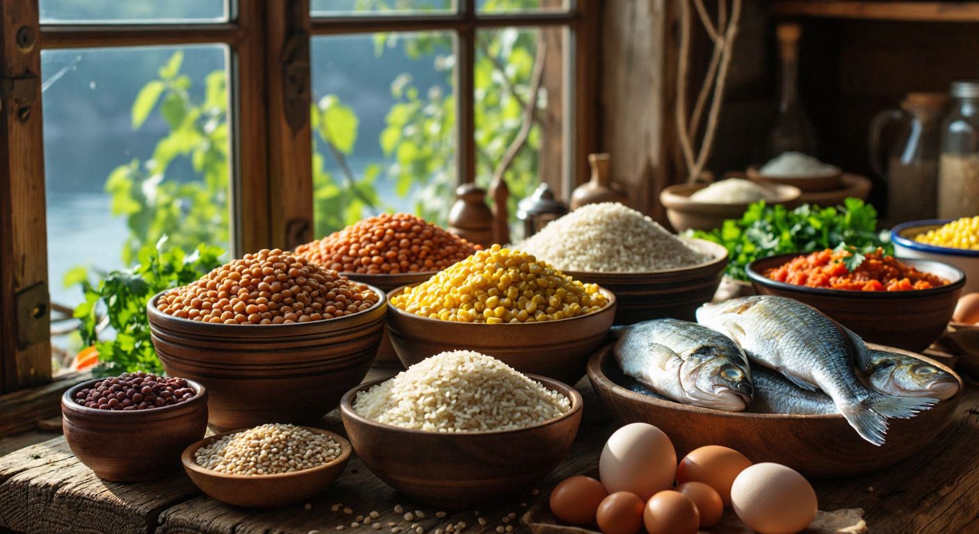 A rustic wooden table in a Turkish kitchen displays a vibrant spread of gluten-free alternatives: bowls of lentils, chickpeas, corn, rice, and quinoa, alongside fresh fish, eggs, and a small pile of buckwheat, all bathed in warm sunlight.
