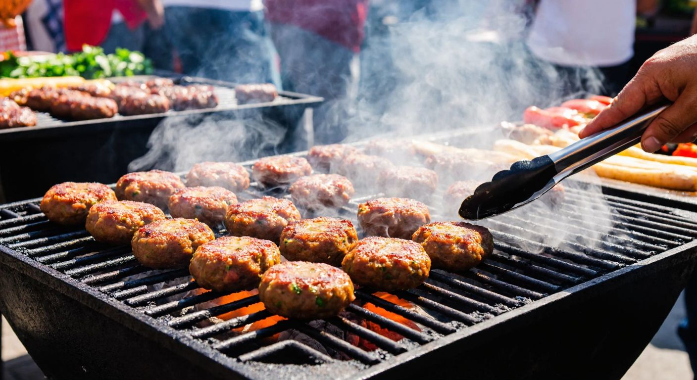 A close-up of sizzling, golden-brown köfte on a charcoal grill, with steam rising and a hand flipping them using tongs, set against a backdrop of a bustling Turkish outdoor market.