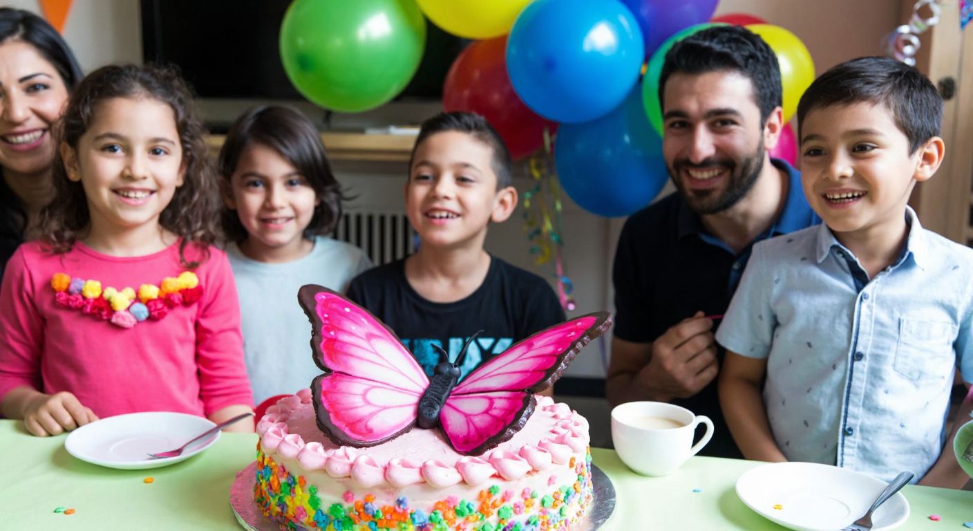 A colorful butterfly-shaped cake sits on a festive table surrounded by smiling children and adults, with balloons and streamers in the background, evoking a joyful birthday celebration in Turkey.