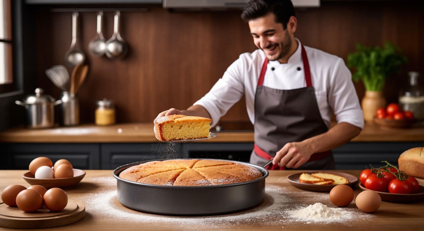 A warm Turkish kitchen with a golden-brown cake perfectly sliding out of a Mehtap-branded baking mold, surrounded by scattered flour and eggs, while a smiling home cook in an apron watches with satisfaction.