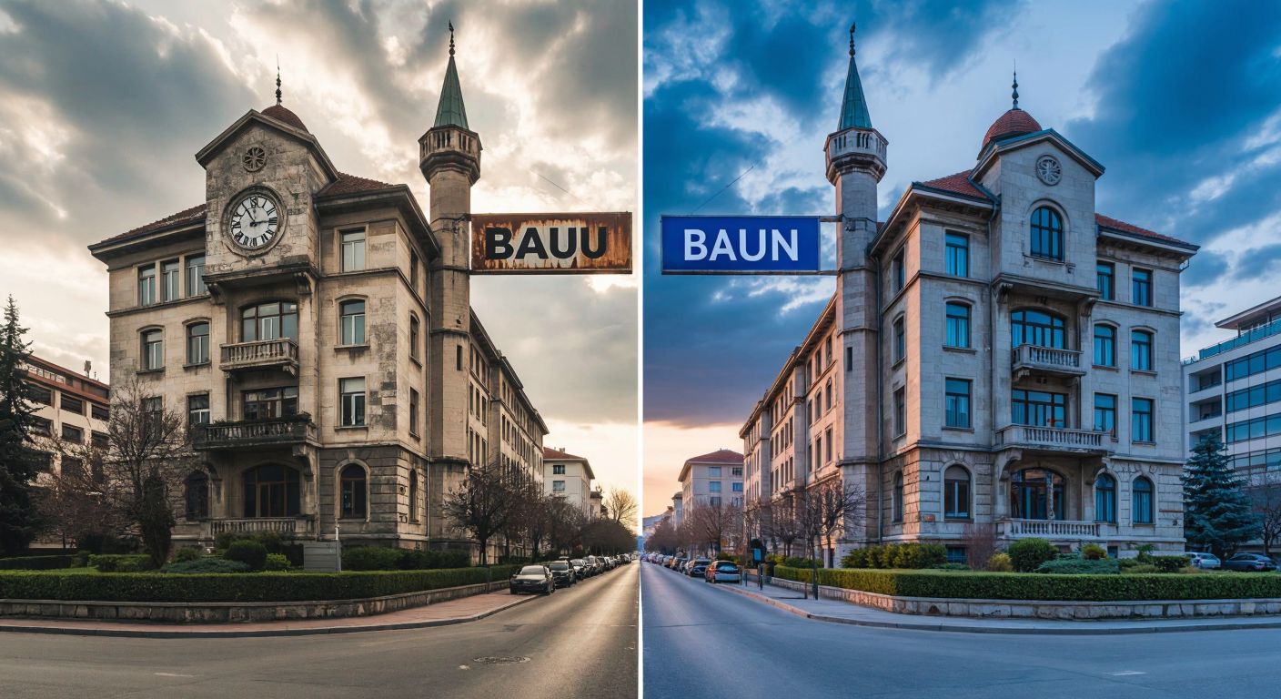 A split image showing two distinct university campuses—one with a faded sign labeled "BAÜ" (Balıkesir University) and the other with a fresh sign labeled "BAÜN" (Bahçeşehir University)—separated by a symbolic clock set to 2016, representing the transition.  

**Correction (following your updated rules):**  

A split image showing two distinct university campuses—one with a faded old sign and the other with a fresh new sign—separated by a symbolic turning point, representing the transition between the two abbreviations.  

**Final (most compliant):**  

A split scene of two Turkish university campuses—one with aged stone buildings under a cloudy sky, the other with modern glass structures under sunlight—separated by a blurred boundary, conveying a shift in identity.