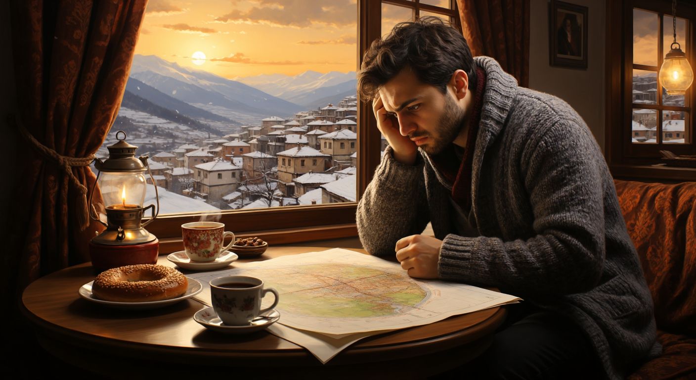 A frustrated person in a cozy Turkish home, wearing a thick sweater, stares at a blank weather map on a table, surrounded by steaming çay and a plate of simit.