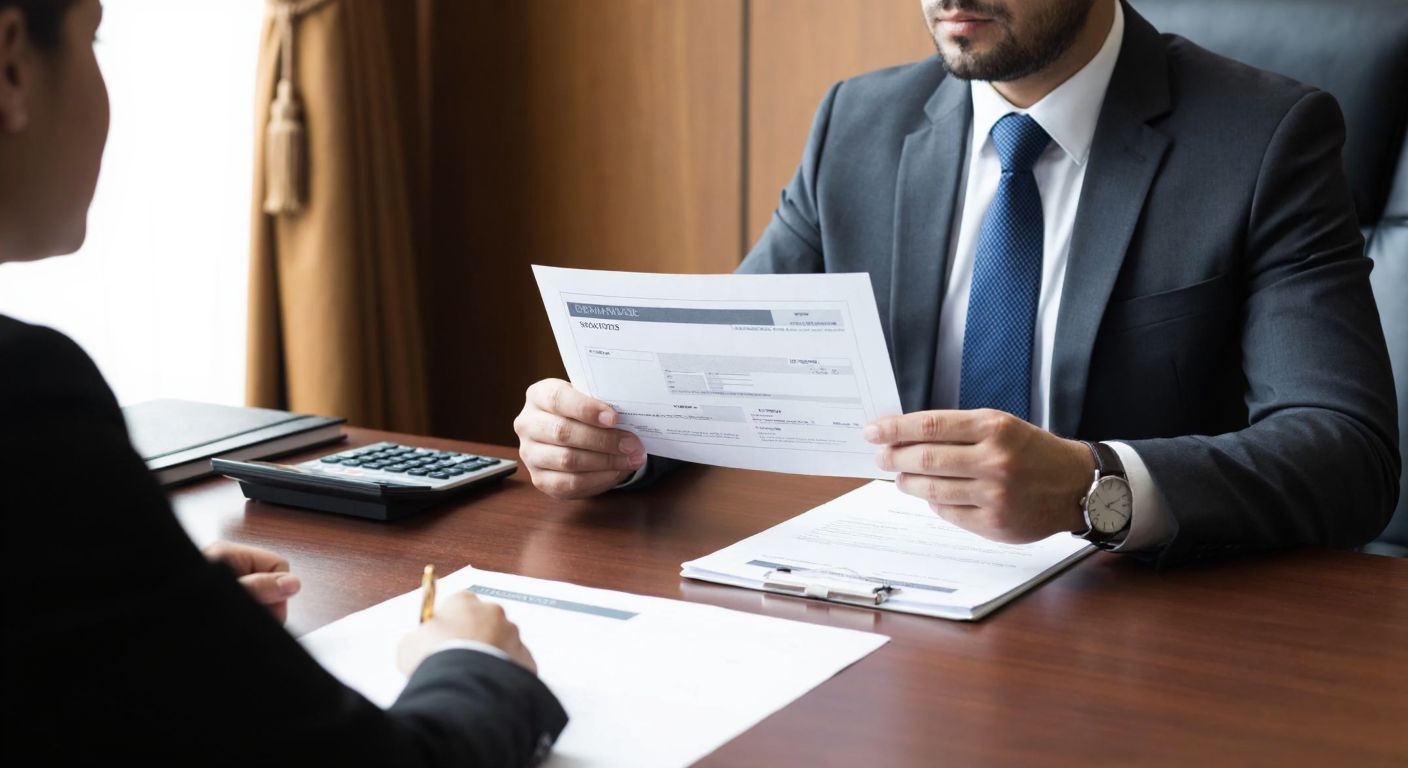A Turkish lawyer in a formal suit sits at a wooden desk in an office, holding a kambiyo senedi (bill of exchange) with a focused expression, while a client listens attentively across from them, with a calculator and legal documents neatly arranged between them.