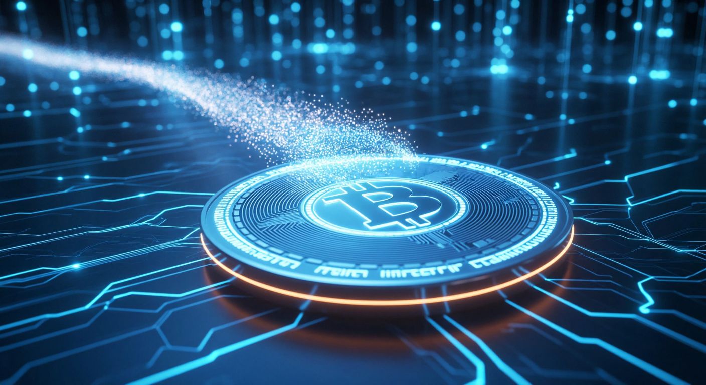 A glowing digital coin with an infinite trail of duplicates emerging behind it, symbolizing unlimited supply, set against a futuristic blue-hued blockchain network backdrop.