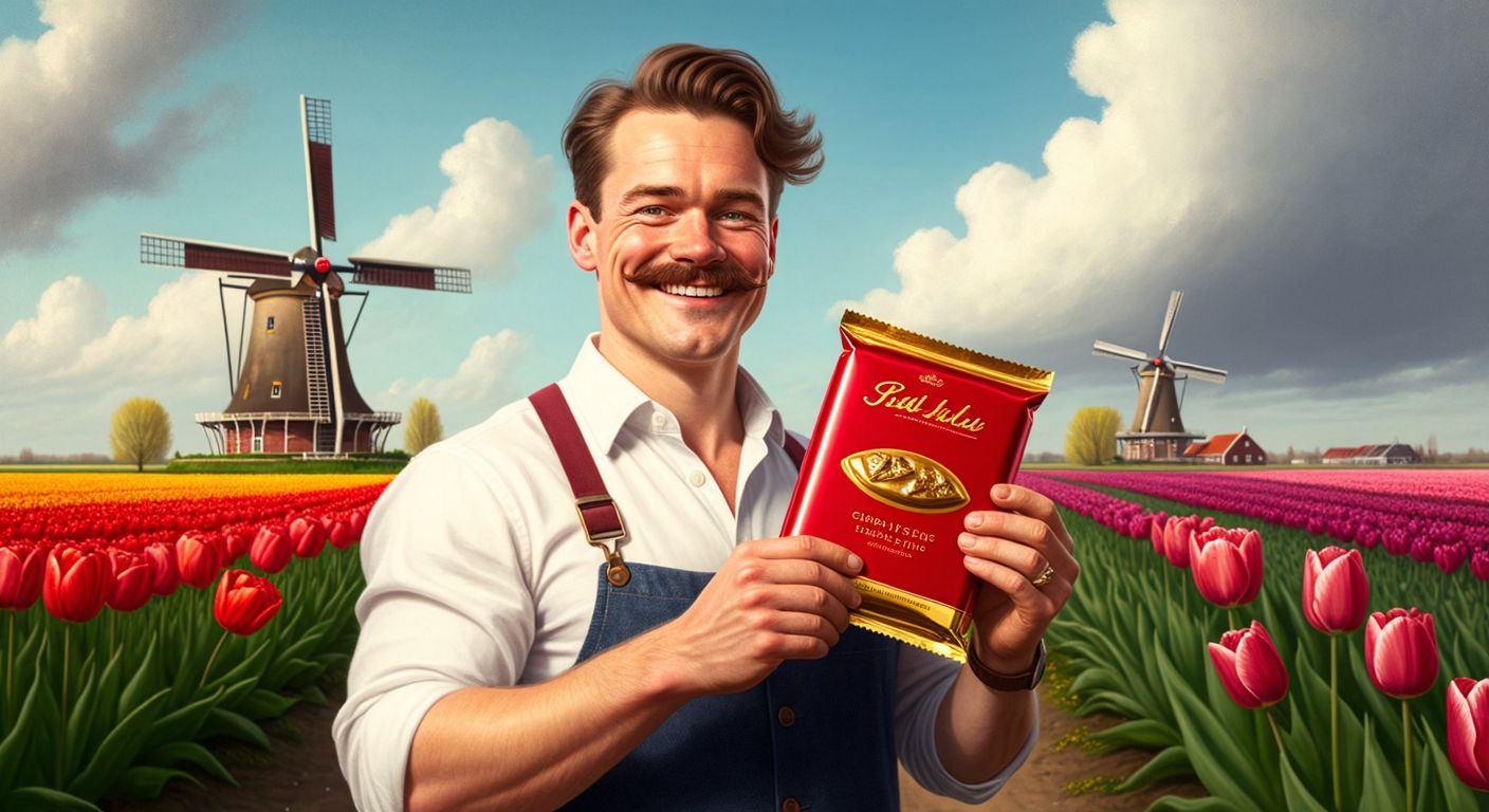 A cheerful Dutch man with a mustache holds a bright red chocolate bar wrapped in gold foil, standing in a sunny tulip field with windmills in the background.
