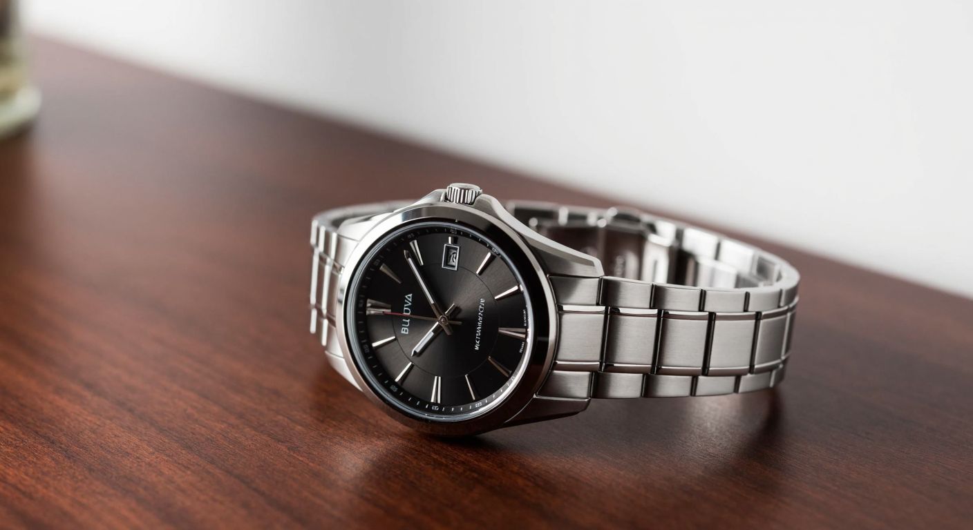 A polished Bulova wristwatch with a sleek stainless steel band and sapphire crystal face, resting on a dark wooden table, exuding elegance and precision craftsmanship.